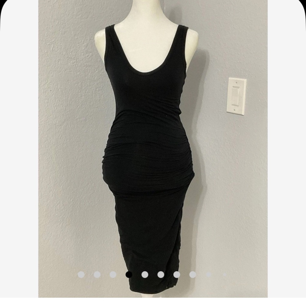 James Perse Black Sleeveless Ruched Midi Tank Dress